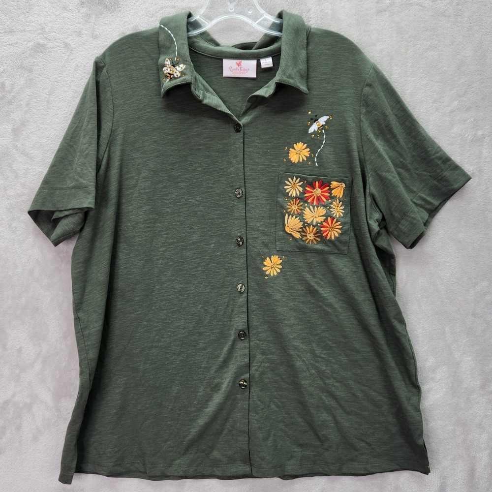 Quacker Factory Large Ivy All a Buzz Short Sleeve Button Front Shirt A696912‎